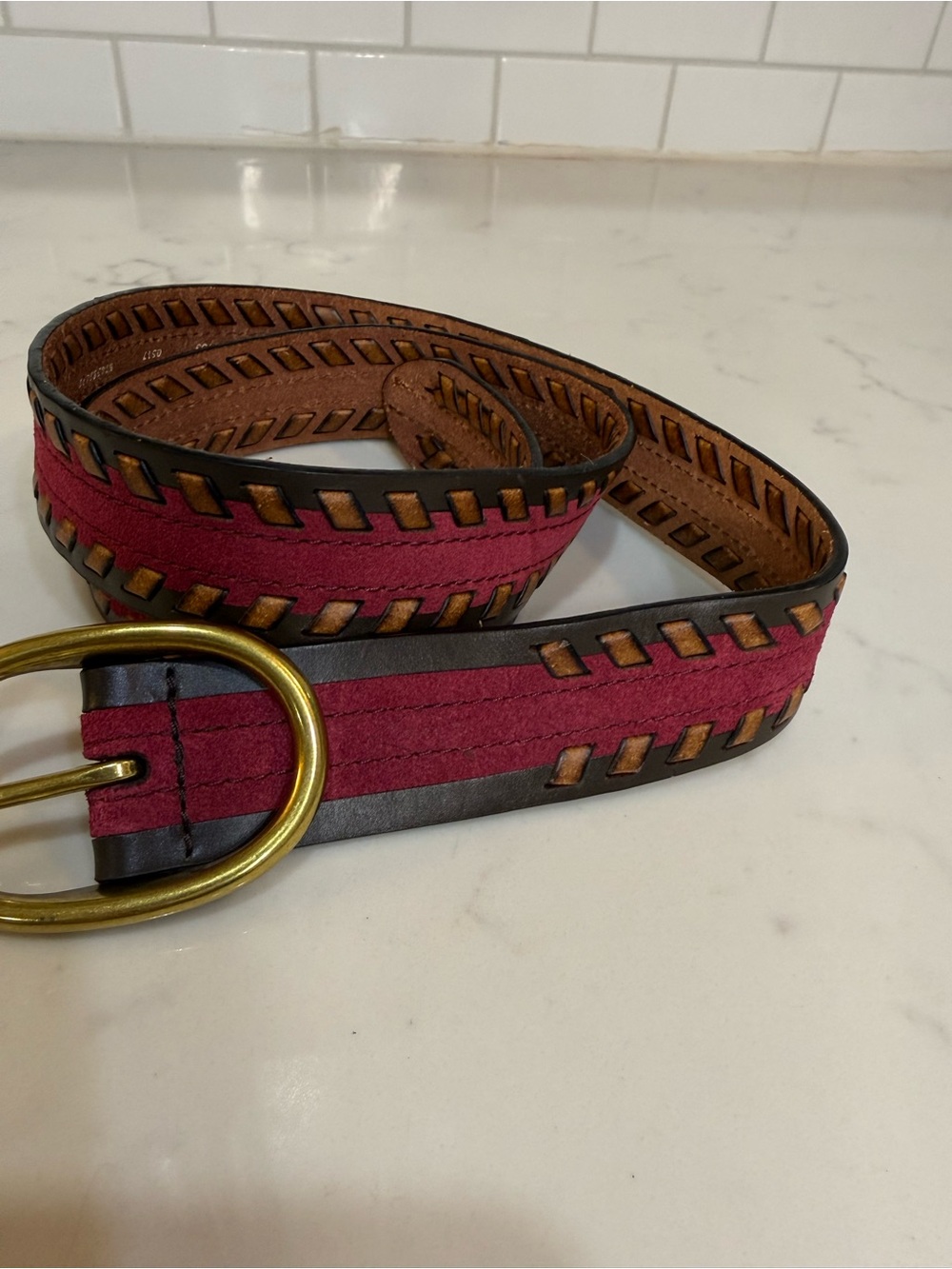 Medium Fossil Magenta Suede & Tooled Leather Boho Belt Brass Buckle BT4382672
